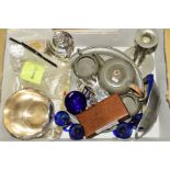 A BOX OF PEWTER, SILVER PLATE, GLASSWARE, ETC, includes a Royal Selangor candlestick, silver mounted