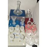 A BOXED ROYAL BRIERLEY SHIPS DECANTER, six boxed Wentworth Bohemian wine glasses, boxed and