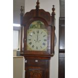 A GEORGE III OAK AND MAHOGANY BANDED EIGHT DAY LONGCASE CLOCK, the hood with later triple finials,