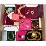 A BOX OF COSTUME JEWELLERY, SOME DESIGNER COSTUME JEWELLERY AND GEM JEWELLERY, to include cased