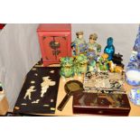 A GROUP OF ORIENTAL ITEMS ETC, to include lacquered box, lacquered hand minor, a panel with