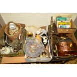 FOUR BOXES OF SUNDRY ITEMS to include copper coal scuttle, brass bells, model stationary steam