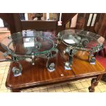 A ;PAIR OF SCROLLED WROUGHT IRON CIRCULAR GLASS TOPPED OCCASIONAL TABLES, diameter 70cm x height