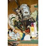 A BOX OF EPHEMERA including ceramics, Murano glass bowl, DVD's, clock, small tool kit, etc