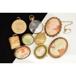 A COLLECTION GOLD PLATED PENDANTS AND BROOCHES, to include a shell cameo, three lockets and portrait