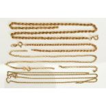 THREE 9CT GOLD CHAIN NECKLACES AND A 9CT GOLD CHAIN BRACELET, ALL AF, to include a belcher link