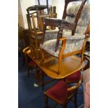 AN OAK GATE LEG TABLE, four matching chairs, four various other chairs and an armchair (10)