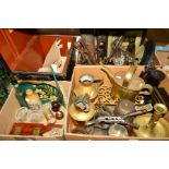 THREE BOXES OF MOSTLY METALWARE AND A METAL DEED BOX, including miners lamp, brass trivets, jugs,