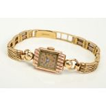 A 9CT GOLD MECHANICAL ARNEX WRISTWATCH, deteriorated Arabic numeral dial, rectangular reed design