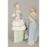 TWO LARGE NAO FIGURES, 'My Little Bouquet' No1350, height 32cm and a lady walking, holding a dog and