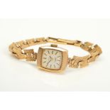 A 9CT GOLD PERFEX MECHANICAL LADIES WRISTWATCH, square silvered dial with baton markers, hand