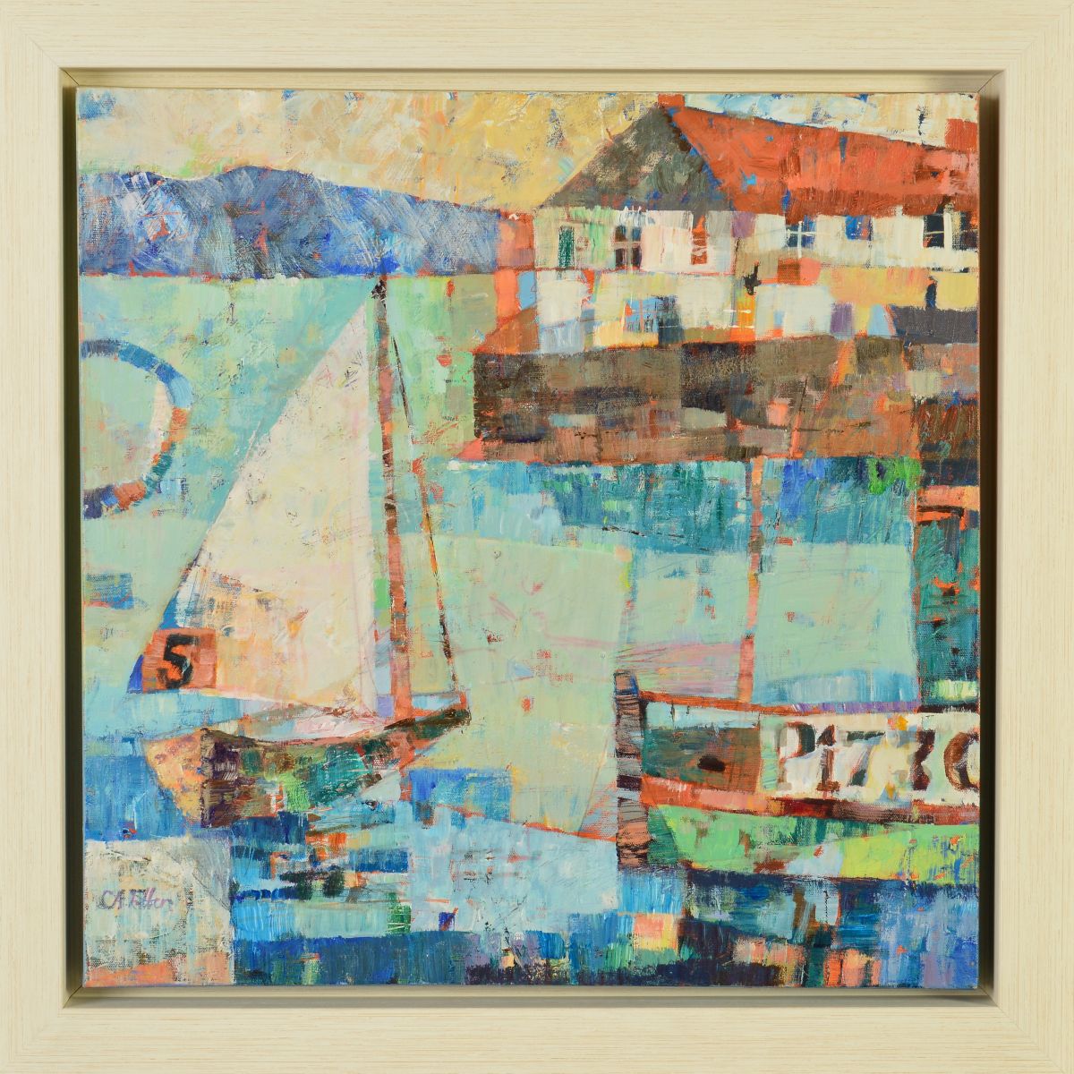 SALLY ANNE FITTER (BRITISH CONTEMPORARY) BOATS IN A HARBOUR, signed lower left, acrylic on canvas,