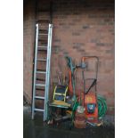 A SET OF ALUMINIUM EXTENSION LADDERS AND WOODEN LADDERS, together with various garden hand tools,