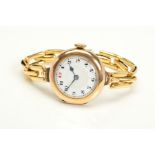 A 1918 9CT GOLD CASED MECHANICAL WRISTWATCH, white dial with Arabic markers, hand wound movement,