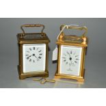 TWO BRASS CARRIAGE CLOCKS, to include a Mappin & Webb example, both with white faces, black Roman