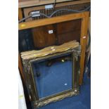 A MODERN PINE AND WROUGHT IRON MIRROR 79cm x 100cm and a gilt framed ornate mirror 55cm x 67cm