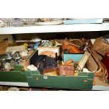 FOUR BOXES AND LOOSE including cameras, dressing table sets, carpet beater, tennis racquets and