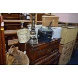 A QUANTITY OF VARIOUS METALWARE, etc, to include two enamel cooking pots, two bread bins, brass