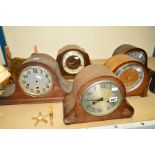 A GROUP OF FIVE DOME TOPPED MANTLE CLOCKS, (some a/f), clock workings on a stand, brass multi size