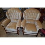 A PAIR OF BEIGE UPHOLSTERED ARMCHAIRS (2)