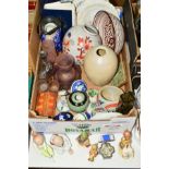 A BOX OF CERAMICS, GLASSWARE AND LOOSE, including a miniature Sevres perfume bottle holder and