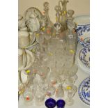 A SMALL GROUP OF CUT AND ETCHED GLASSWARES, to include decanters ('Davinci') glasses etc