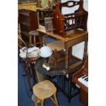 A QUANTITY OF OCCASIONAL FURNITURE to include an oak drop leaf table, oak occasional table, rush