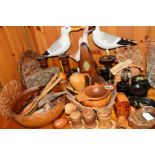 A GROUP OF TREEN ITEMS, including a Lizard man ashtray, metronome, fruitwood ink bottle holder