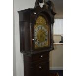 A LATE 19TH/EARLY 20TH CENTURY OAK EIGHT DAY LONGCASE CLOCK, the hood with a swan neck pediment