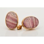 A LATE 20TH CENTURY 9CT GOLD PAIR OF RHODOCHROSITE OVAL STUD EARRINGS, measuring approximately