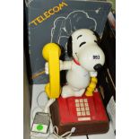 A BOXED TELECOM SNOOPY TELEPHONE, push button phone dial, approximate height 34cm (box distressed)