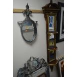 A SLIM REPRODUCTION HARDWOOD AND GILT BEVELLED EDGE WALL MIRROR/TRIPLE WALL SHELF together with a