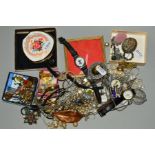 A SELECTION OF MAINLY JEWELLERY AND WATCHES, to include a floral Stratton compact with maker's case,