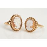 TWO 9CT GOLD CAMEO RINGS, both with oval cameos depicting a lady in profile, one within a rope twist