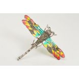 A PLIQUE-A-JOUR DRAGONFLY BROOCH, designed as green, yellow and red plique-a-jour wings with