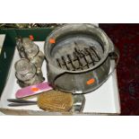A BOX OF SILVER PLATE, SILVER AND PEWTER, including a three piece pink enamel dressing table set,