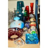 A GROUP OF COLOURED GLASSWARE to include a Kingfisher blue Whitefriars bark vase, height 18.5cm (