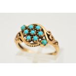 A 9CT GOLD TURQUOISE RING, a cluster of small cabochon cut turquoise enclosed within a scroll