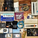 A BOX OF JEWELLERY, PENS, WATCHES ETC, to include silver and white metal jewellery, a modern Arts