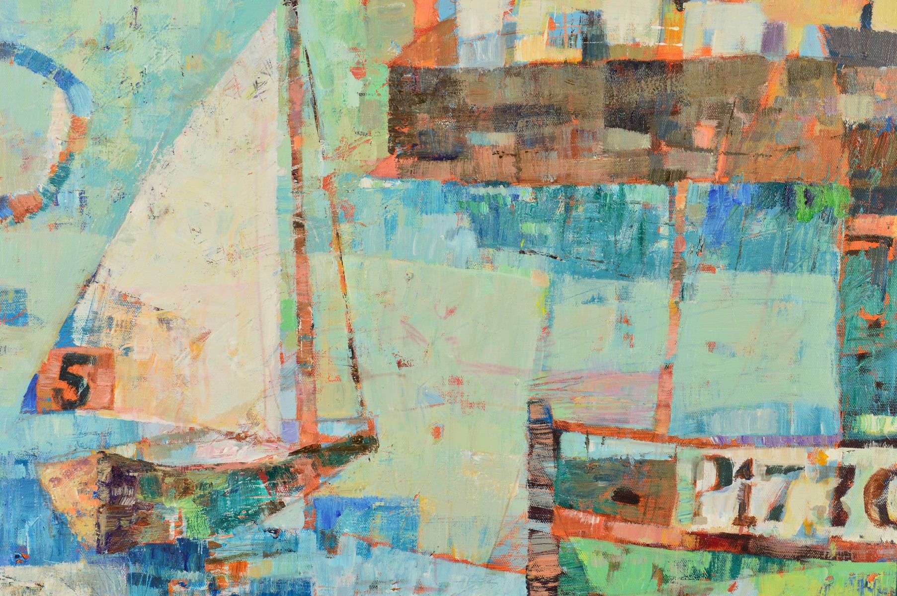 SALLY ANNE FITTER (BRITISH CONTEMPORARY) BOATS IN A HARBOUR, signed lower left, acrylic on canvas, - Image 2 of 5