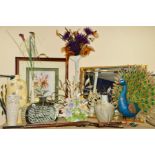 A GROUP OF FOUR CERAMIC DECORATIVE VASES, with two glass decorative vases, a metal decorative garden