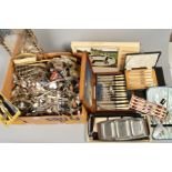 A BOX OF CUTLERY AND OTHER METALWARE, with five cased sets of cutlery, serving dish and collectors