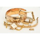 A SELECTION OF COSTUME JEWELLERY AND WATCHES, to include a 1/5th 9ct rolled gold hinged bangle,