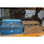 TWO WOODEN TOOL CRATES, TWO METAL CHESTS and leather bag containing files, spanners and other