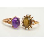 TWO 9CT GOLD RINGS, to include a single stone cabochon amethyst, with floral detail to the