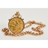 A FULL SOVEREIGN PENDANT AND CHAIN, the Edward VII 1908 full sovereign in a 9ct gold mount suspended