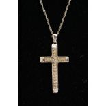 A 9CT WHITE GOLD DIAMOND CROSS PENDANT AND CHAIN, the cross pendant set with single cut diamonds,