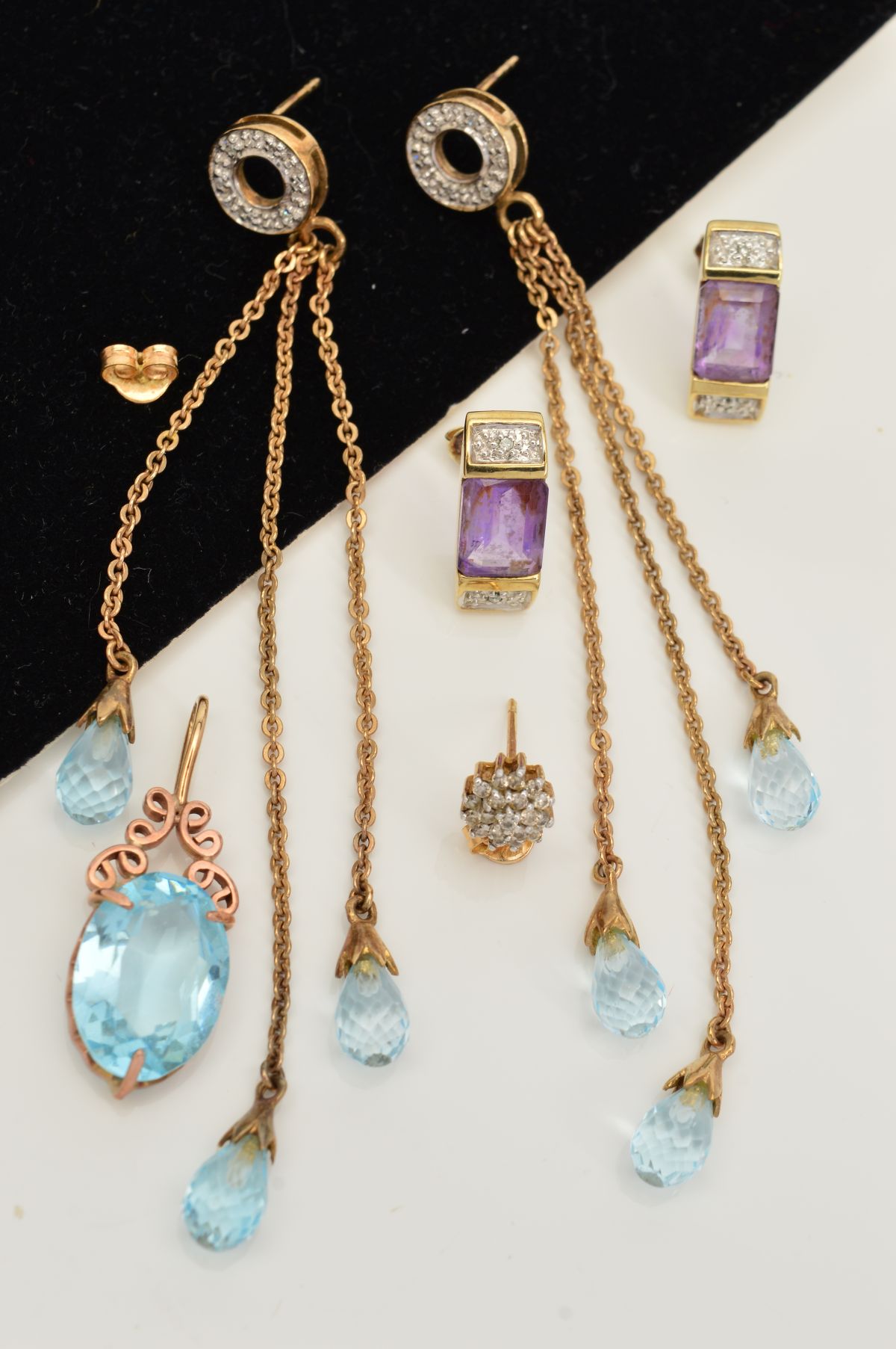 TWO PAIRS OF EARRINGS, A SINGLE EARRING AND A PENDANT, to include a pair of 9ct gold cup drop