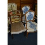 A PAIR OF REPRODUCTION FRENCH ARMCHAIRS, together with an elbow chair and a Georgian walnut ladder