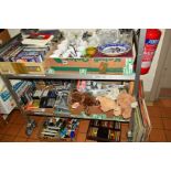 SIX BOXES AND LOOSE CERAMICS, GLASS, SUNDRIES ETC, to include modern diecast vehicles, DVD's, CD'